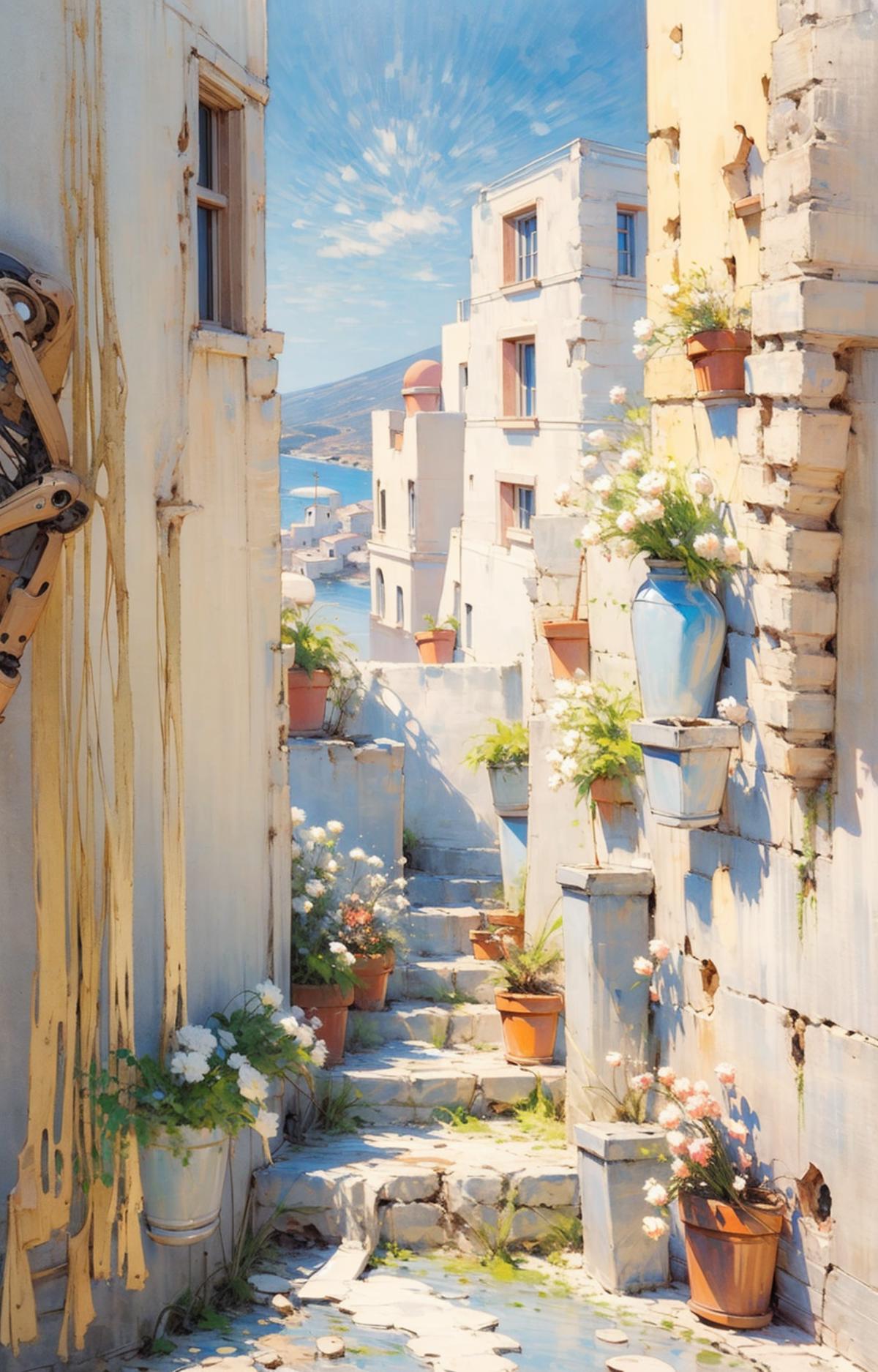 A narrow alley with stairs and potted plants on the side.