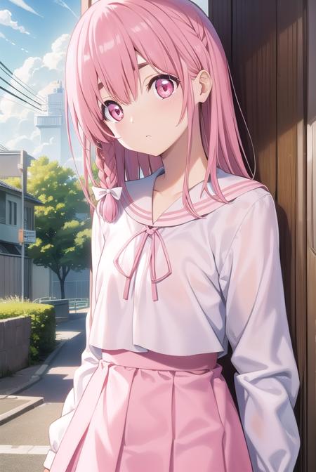 sumisakurasawa, <lora:sumisakurasawapopochichi-lora-nochekaiser:1>,
sumi sakurasawa, bangs, (pink eyes:1.5), hair between eyes, pink hair, braid, hair bow, thick eyebrows,
BREAK skirt, shirt, long sleeves, bow, ribbon, school uniform, white shirt, serafuku, sailor collar, red ribbon, neck ribbon, red skirt, white sailor collar,
BREAK outdoors, city,
BREAK looking at viewer, (cowboy shot:1.5),
BREAK <lyco:GoodHands-beta2:1>, (masterpiece:1.2), best quality, high resolution, unity 8k wallpaper, (illustration:0.8), (beautiful detailed eyes:1.6), extremely detailed face, perfect lighting, extremely detailed CG, (perfect hands, perfect anatomy),