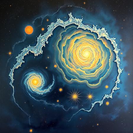 cosmic, dreamlike, surreal painting of the universe with swirling galaxies, nebulae set against a dark background splattered with starlight, in the style of H.R. Giger
