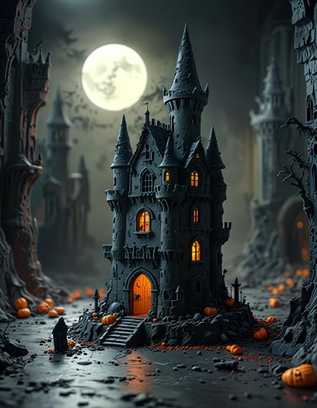 A playdoh style sculpture of a (haunted castle:1.2), eerie, desolate, on a moonless night, with ghosts echoing in the empty halls, featuring gothic architecture, dark colors, and ghostly figures, 8K sharp focus, photorealism, cinematic, with dramatic lighting and a haunting atmosphere.