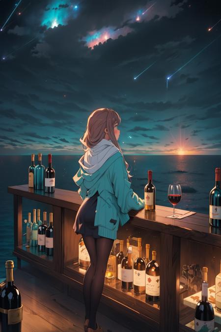 masterpiece, best quality, 1girl, pantyhose, bottle, fantasy, sky, bar, night sky, (ocean bottom:1.3), meteor shower, looking out of the window, drinking, from behind, wine, wind lift,  many of bottles <lora:sky_bar-000008:0.7>