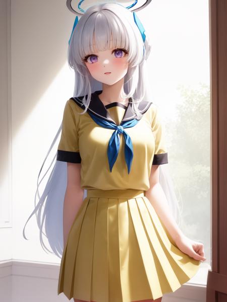 (yellow serafuku:1.4), 1girl, solo, standing, (neckerchief:1.1), white hair, purple eyes, short sleeves, pleated skirt, (yellow skirt:1.2), long skirt, indoors, very long hair, halo,