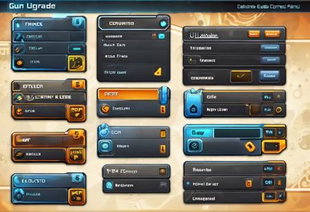 Game upgrade buy menu screen, GUI, buttons, text field, sci-fi setting, device control panel style, keypads,