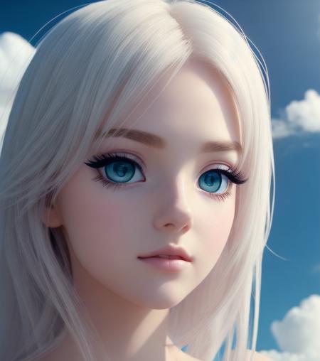 woman, eyeliner, eyelashes, looking at viewer, (shiny skin:0.16), (pale skin:0.33), (body blush:0.38), eyes beautiful, anime, realistic, masterpiece, best quality, movie still, cloud girl, floating in the sky, (close-up:1.1), bright