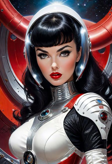 bettie page, long black haired female, dark eyes, white black silver red retro sci-fi spacesuit costume, fabulous, stunning, astonishing, glamorous standing pose, Serge Marshennikov, Luis Royo, 16k resolution concept art :: fantasy magazine cover art", detailed, vivid, realistic, Karol Bak contrasting colors, detailed painting wide-angle lens ethereal hyperdetailed
