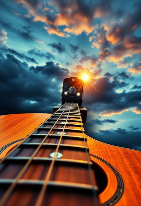 A captivating double exposure, concept art illustration. A frontal train using the guitar fingerboard as a railroad, traveling to the sound hole. The image is a very aesthetic close-up to an acoustic guitar, from the bridge to the neck. The focal point is the train. The background showcases a dramatic sky with dynamic lighting and HDR effects. The composition follows the golden ratio and features a perfect balance of depth, shadow depth, and bokeh. In Gouache Style, Watercolor, Museum Epic Impressionist Maximalist Masterpiece, Thick Brush Strokes, Impasto Gouache, thick layers of gouache watercolors textured on Canvas, 8k Resolution, Matte Painting.