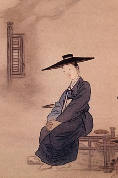 best quality, a woman sitting in the cafe, shinyunbok painting