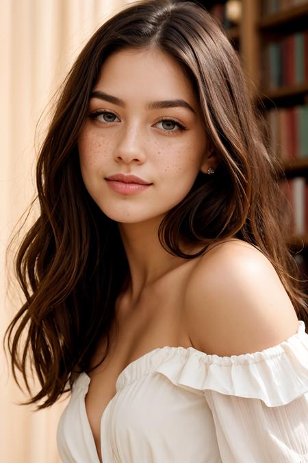 (18 years old:1.1),young and gorgeous,RAW Photograph,dslr,soft lighting,high quality,film grain,Fujifilm XT3,insane details,masterpiece,8k,35mm photograph,dslr,kodachrome,vignette,vintage,Kodachrome,Lomography,stained,highly detailed,freckles,innocent,pale,detailed skins,(wearing a Pleat Detail Off The Shoulder Structured Satin Top and demin shorts ):1.1,pouting,blue eyes,pink rouge,red  hair between eyes,(library):1.1,warm light,from below,perfect facial ratios,perfect facial features,full cheeks,blush on cheeks,all attention given to the face,emphasizes on the cute chubby cheeks,Soft and smooth skin texture,shiny skin,flawless complexion,shiny eyes,eyelashes,natural eyebrows,rosy lips,cute small nose,cute face shape,warm and inviting smile,natural lighting,gentle shadows,detailed hair strands,silky hair,hair on the sides framing the face,glossy highlights on the hair,rich and vibrant colors,vibrant and warm background,complementary colors to enhance the girl's features,captivating expression,engaging eyes,intricate details on eyelids and lashes,flawless complexion,realistic detailed skin,Life-like textures,minute details,every aspect of the face made clear and visible,picture fills the canvas,(shiny skin),pale skin,crystal hair full body,high heels,solo,beautiful eyes,perfect eyes,(closed mouth:1.3),extravagant,ornate,designer,opulent,picturesque,lavish,