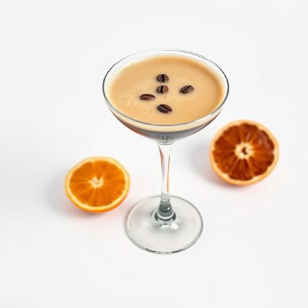 simple product Photography image on a plain, blank, pure 100% bright white background of a foamy espresso martini in a large coupe glass and 3 floating coffee beans as garnish. and cut orange beside it. zoomed out.