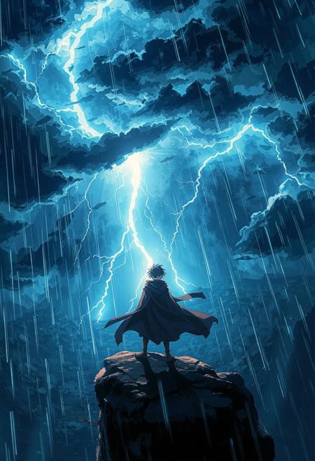 "Epic anime scene in 4K UHD, a lone warrior standing on a cliff during a thunderstorm, dramatic lightning in the background, wind blowing their cloak, heavy rain falling, dark storm clouds swirling in the sky, intense atmosphere, cinematic lighting, detailed character design, vibrant colors, ultra-realistic anime style"