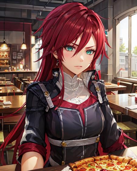 best quality, (masterpiece:1.2), illustration, absurdres,
(1girl), (solo), (beautiful detailed girl),  ((upper body, portrait)),
<lora:CelisV2-08:1>, Celis Ortesia, red hair, long hair, messy hair, aqua eyes, medium breasts, earrings,  jewelry,
armored dress, (long dress, long skirt:1.1), gown, 
proud, confident, (angry:0.8), 
inside trendy restaurant, inside pizzeria,
table, drinks on table, pizza, looking at pizza, eating pizza, hungry,