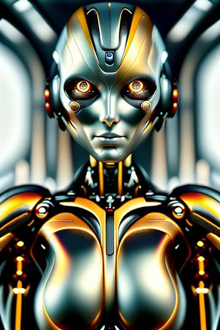 masterpiece, awesome quality, hyper detailed, ((DonMX3n0T3ch, futuristic, scifi, tech)), female robot,  <lora:DonMX3n0T3ch:1.5>