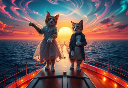 A highly detailed and humorous recreation of the iconic *Titanic* scene, but with two anthropomorphic cats on the bow of the ship. One cat, wearing a flowing dress, stands at the edge with its paws outstretched, embracing the wind and open sea. Behind it, another cat in a tuxedo gently holds its waist, gazing at it with admiration. The vast ocean stretches endlessly in the background, reflecting a breathtaking neon sunset. The ship’s deck glows with warm, cinematic lighting, showcasing intricate vintage nautical details. The perspective is exaggerated, enhancing the whimsical, surreal effect. The sky swirls with psychedelic colors, and the ocean waves shimmer with vibrant, dreamlike hues. Created using: cinematic lighting, hyper-realistic textures, vibrant neon highlights, artistic composition, atmospheric depth, detailed feline expressions, oceanic reflections, vintage ship aesthetics, Highly reminiscent of the iconic titanic bow scene with the ship body in the background and the bow in the foreground,