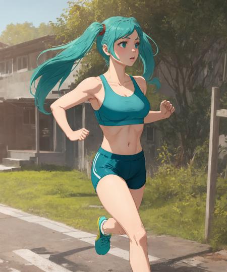 mi, 1girl, solo, aqua hair, long hair, long twintails, sport shorts, sport bra, running