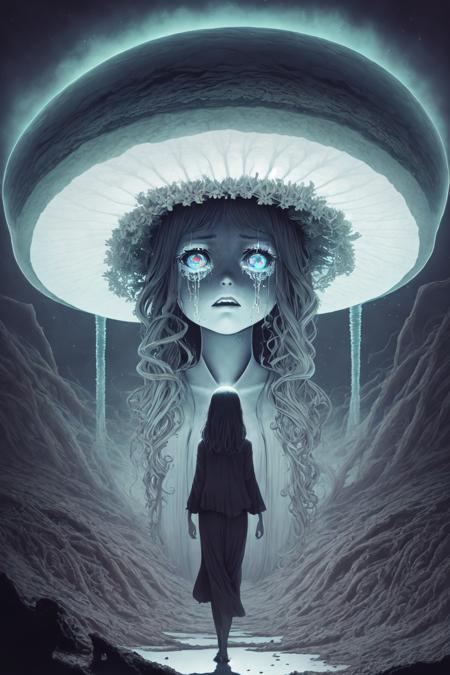 [by Junji Ito], dark horrorscape, [detailed shadows], [veins], (bioluminescent mushrooms), 1girl, gigantic cosmic eyes, streaming tears, spiraling hellfire, HDR, (symmetrical:0.75),  <lora:doortoinfinity:0.35>