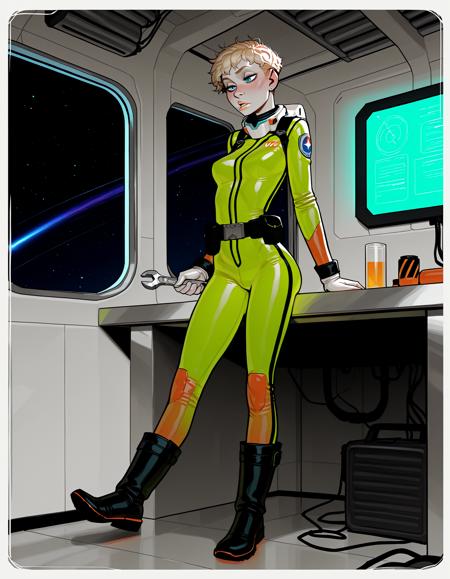 IllustriousQual, detailed face,
very tall woman, solo, very short blonde hair, pixie cut, blue eyes, pale skin, small breasts, very long legs,
on a space station, in the engineering spaces, (wearing a baggy green full-length flight suit:1.2), wearing chunky boots, at a workbench, (using a wrench:1.3,)
from behind,
<lora:incaseIllustrious:0.8> incase style,