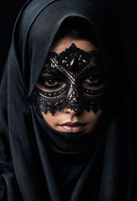 Dark Fantasy Art of  a woman in a black burqa covering her face burqa style, dark, moody, dark fantasy style,