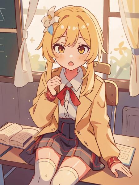 1girl, lumine, blonde_hair, black_legwear, yellow_eyes, chair, hair ornament , flower, classroom, curtains, desk, jacket, long_hair, open_mouth, plaid, plaid_skirt, red_ribbon, ribbon, school_desk, school_uniform, sitting, skirt, sobu_high_school_uniform, solo, thighhighs, window,  <lora:Lumine wangy v3:1>