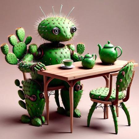 Helper robot serving tea, tea pot, cafe, table, chairs, <lora:Prickly Pear Style v1:1>, Prickly Pear Style,