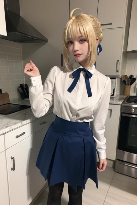 ultra-detailed,highly detailed,best quality,masterpiece,illustration,
saber, 1girl, artoria pendragon \(fate\), solo, cosplay,
blonde hair, ahoge,hair ribbon, short hair, braided bun, sidelocks, bangs, 
pantyhose, shirt,skirt,  neck ribbon, long sleeves,casual, blouse, high-waist skirt, 
full body, looking at viewer, 
indoors, kitchen,dynamic pose, photo background, 
<lora:saber_v1_02:0.7>