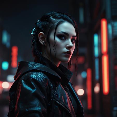  A photorealistic full-body vertical portrait of a fierce goth vampire samurai girl with pale skin and sharp, aggressive features, set in a dystopian Neo-Tokyo inspired by Blade Runner. She has intense goth makeup with heavy black eyeliner and dark eyeshadow, and a cold, defiant gaze. Her mengu mask is gothic and futuristic, with skull motifs, spiked edges, and glowing engravings in neon red and electric blue. Her samurai armor blends tribal and cyberpunk influences: black carbon fiber plates, crimson LED accents, turquoise circuitry, and angular, tech-enhanced design elements. She stands confidently in a rain-slick neon-lit alley, surrounded by holograms, mist, and glowing kanji signage. The atmosphere is dark, cinematic, grainy like 16mm film, and full of cyberpunk tension. No text or letters appear in the image.   The atmosphere is moody and cinematic, with soft bokeh, dramatic lighting, and a grainy 16mm film look. Highly detailed, rich in emo and goth influence, with no text or letters in the image.

Simulating Kodak Ektacolor Pro 160, with a custom white balance at 5500K. cinematic lighting, analog film, film grain, kodak chrome, cool cinematic tones,high contrast, sharp details, with moody lighting that adds depth,. (cinematic atmosphere:1.3), deep photo, depth of field, (black hair)), , (ambient occlusion), (cinematic lighting:1.3), (4K image quality:1.3), (sharp detail:1.3), (highly realistic:1.3), (dim warm cinematic lighting:1.3)