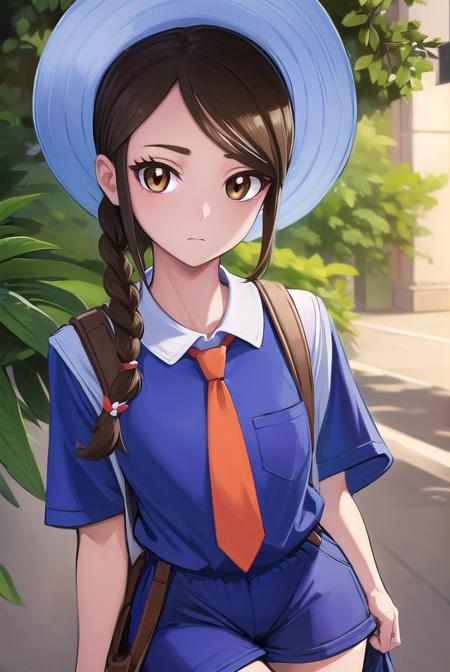 pokemonjuliana, <lora:pokemonjuliana-lora-nochekaiser:1>,
pokemonjuliana, braid, (brown eyes:1.5), brown hair, hair ornament, hairclip, side braid, single braid, swept bangs,
BREAK backpack, bag, black footwear, blue headwear, blue shirt, breast pocket, collared shirt, hat, kneehighs, naranja academy school uniform, necktie, orange necktie, orange shorts, pocket, school uniform, shirt, shoes, short sleeves, shorts, socks, striped, striped shorts, sun hat, white socks
BREAK looking at viewer, full body, (cowboy shot:1.5),
BREAK outdoors,,
BREAK <lyco:GoodHands-beta2:1>, (masterpiece:1.2), best quality, high resolution, unity 8k wallpaper, (illustration:0.8), (beautiful detailed eyes:1.6), extremely detailed face, perfect lighting, extremely detailed CG, (perfect hands, perfect anatomy),