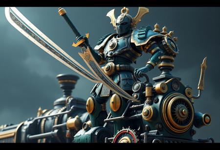 expert Intricate Ancient Gear Engineer steampunk, emerald green & sapphire blue & gold accents, humanoid mech, visor, confident stance, hand on hip, holding large Fusion Sword Murasame Blade, standing tall on a Superheavy Samurai Steam Train King. Hyper detailed, cinematic lighting, sharp focus, isometric, contemporary aesthetics, splash ink style, Raphael/Houdini influence, Octane render, Unreal Engine 5, 4K, high resolution, impeccable composition, CGSociety, trending on ArtstationHQ, Golden Ratio.