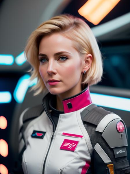 fking_scifi, award-winning photo of a woman, white flight suit with hot pink accents, blonde hair, bob haircut, (gray eyes:1.35), petite face, standing in front of a window on a space ship, 80mm, bokeh, mass effect, close up, fking_cinema_v2