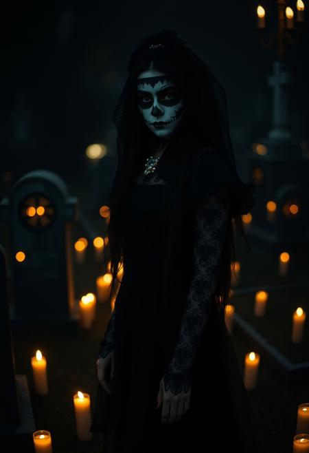 (masterpiece, best quality), score_9, score_8_up, score_7_up, masterpiece, 4k, Latina girl, alternative, long black hair, bedroom eyes, wide hips, black Victorian dress, dia de los muertos makeup, painted, black veil over face, in a cemetery at night, candles everywhere, dark background, vignette, dynamic lighting, dynamic shadows, bokeh, low light, depth of field, highly detailed, high contrast, film grain, Rim Lighting, disney pixar style