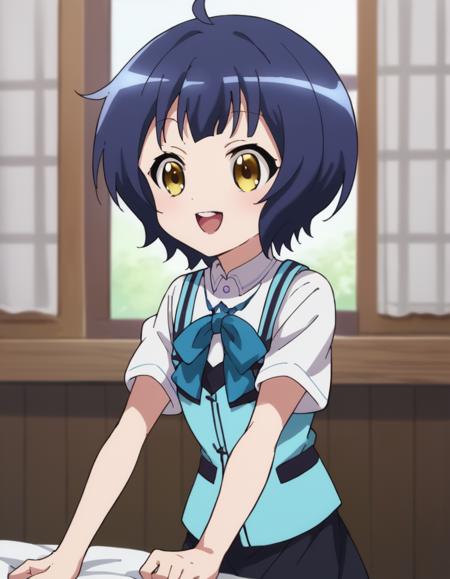 maya jouga,blue hair,short hair,yellow eyes, rabbit house uniform,light blue vest,black skirt, school uniform, white dress,beret,white beret,