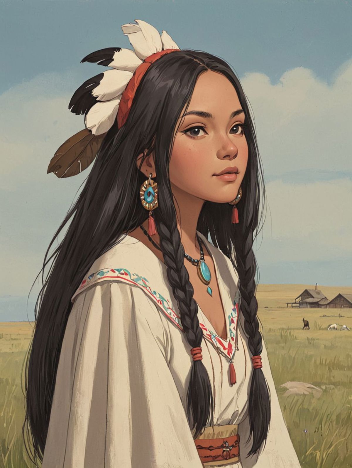 Drawing of a Native American woman with long black hair and a white headband.