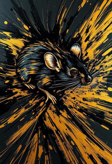 A hyper-stylistic, extremely detailed image depicts a breathtaking painting, crafted from a combination of smeared black and gold metallic paint. A mouse is captured in a streaked motion, as if it is moving rapidly in one direction. The black paint is applied in bold, dynamic strokes, creating a sense of energy and movement that is contrasted beautifully by the golden accents. The gold paint is used to highlight the mouses features, adding a sense of depth and dimensionality to the image. The overall effect is one of breathtaking, surreal dynamism, as if the viewer has captured a fleeting moment in time. Every detail of the image is meticulously crafted, from the delicate, swirling patterns of the gold paint to the intricate, textured patterns of the black paint. The contrasts between light and dark, color and texture, create a sense of tension and energy that draws the viewer in, inviting them to explore the kinetic world of the painting. highest-Quality, intricate details, visually stunning, Masterpiece