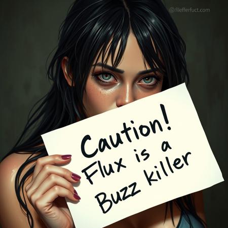 Realistic wet perfect girl holding paper "Caution! Flux is a Buzz killer" written
