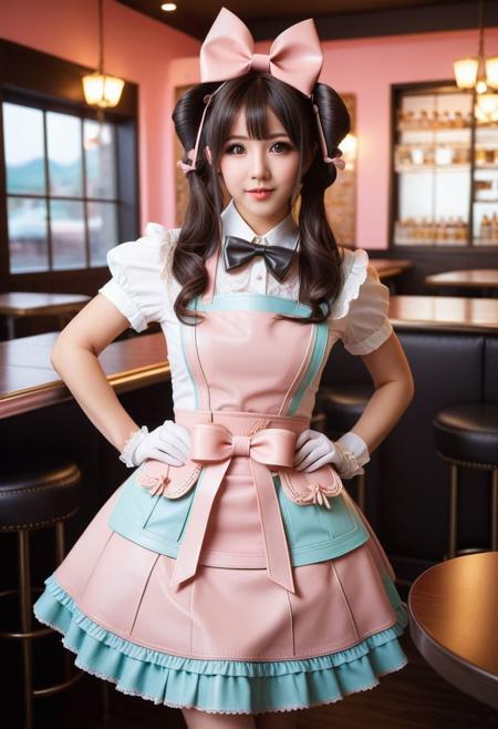 dvr-lthr, (leather:1.2), beautiful young woman, kawaii, cute, lolitafashion, long hair, wearing pastel leather multilayered waitress dress, leather apron with bows, chest bow, giant waist bow, huge hair bow, leather gloves, lace, leather frills, leather bows, ruffles,
symmetric face, perfect face, glossy lips, cute makeup, holding serving tray with sweets,
idol cafe, cosplay cafe, tables and chairs, intricate cafe background,
(glossy leather clothing, glittering leather fabric),
sharp focus, photograph, raw photo, hd, 8k, masterpiece, best quality, 90-60-90
