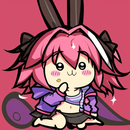 chiikawa\(a\), :3,solo, full body,jump,Astolfo, black skirt, long braid, braid, purple eyes, hair between eyes, striped, collarbone, hooded jacket, hair bow, shirt, open clothes, black bow, otoko no ko, pink hair, miniskirt, single braid, jacket, long hair, long sleeves, black pantyhose, purple jacket, hair intakes, streaked hair, striped shirt, hair ribbon, wariza,blush, thick thighs,