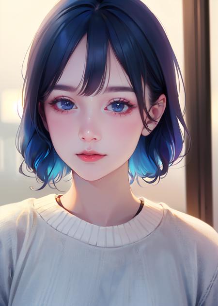 (8k, RAW photo, best quality, masterpiece:1.2), (realistic, photo-realistic:1.37), 1girl, professional lighting, radiosity, physically-based rendering, looking at the viewer, closed mouth, solo, blue hair, sweater, <lora:coco_style_1-000015:0.5>