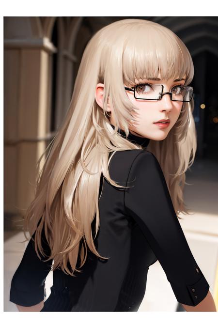 (masterpiece, best quality:1.2), solo, 1girl, katherine mcbride, expressionless, looking back, glasses, turtleneck sweater, black pants <lora:catherine_katherine:1.0>