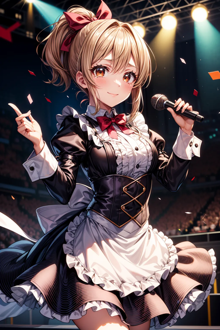 masterpiece:1.2, high quality, best quality, <lora:add_detail:1>, ,apron,confetti,screen,ponytail,ribbon,red bowtie,dot nose,brown hair,blush,idolmaster,medium breasts,dress,highres,blurry background,breasts,bowtie,hair ribbon,hair bow,closed mouth,puffy sleeves,white apron,holding microphone,red bow,name tag,microphone,blurry,smile,frills,frilled apron,hands up,short hair,pink ribbon,bow,idolmaster cinderella girls,looking at viewer,black dress,idolmaster cinderella girls starlight stage,solo,holding,abe nana,tears,puffy long sleeves,long sleeves,stage,1girl,brown eyes,karikura \(atatata71\)