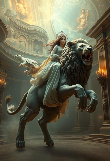 A dream-being rides a multi-legged lion through an infinite aurora, ethereal female figures, antique fashion, soft muted colors, symbolic imagery, classical architecture, glowing light, baroque interiors, dreamlike atmosphere, mystical realism, intricate detailing, sacred geometry, allegorical storytelling, vintage textures, ornamental design, grand structures, floating compositions, spiritual undertones, chiaroscuro lighting, surreal elegance