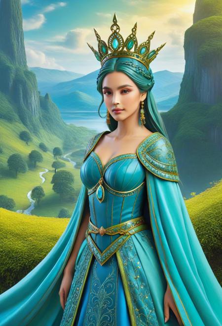 Queen made of dvr-pckl, magical landscape with enchanted elements, fantasy art style, slate blue theme, intricate details, ultra sharp, exquisite detail, flawless composition, vivid colors, masterpiece, Super model, portrait, stoic, expressionless, beautiful, photorealistic, UHD, 8K, masterpiece, detailed, ultra_high_resolution, lots of detail, YurYuna, modest, sfw, gorgeous, looks beautiful and aesthetic, colorful background, key visual, luxurious, artistic, high resolution, digital art, visual aesthetics, contemporary design, vibrant colors, artistic composition,  elegant, intricate detailing, modern,