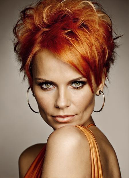 portrait of sks woman by Flora Borsi, style by Flora Borsi, bold, bright colours, orange Mohawk haircut, ((Flora Borsi)), <lora:locon_kristin_v1_from_v1_64_32:1.25>