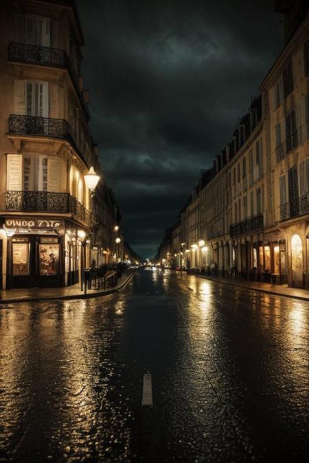 a dreamy dark gloomy rainy night in the street of France