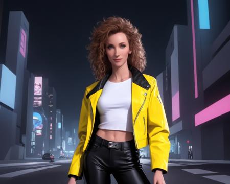 (JudithHoagTMNTApril:1.1), a high resolution RAW photo of a JudithHoagTMNTApril woman with long curly red hair, cyberpunk hairstyle, wearing a cyberpunk style yellow leather jacket and white shirt and black pants, sexy standing pose, on a futuristic cyberpunk city sidewalk at night, cyberpunk city with neon lights and futuristic buildings and futuristic sports cars driving by, smiling and ((looking at the camera)), (thin torso, slender, flat chest, smallest breasts, slender build), sexy portrait, <lora:JudithHoag_90s_TMNT_April_ONeil_SDXL:1>