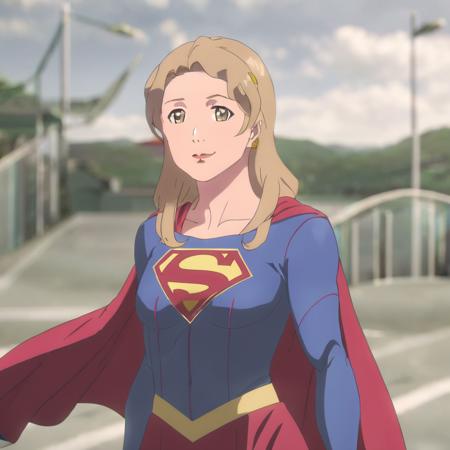 full-length full-body screencap in msst artstyle of a woman with blonde hair wearing supergirl outfit with cape