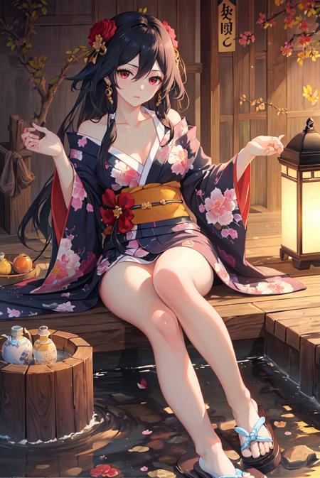 (masterpiece, top quality, best quality, official art, beautiful and aesthetic:1.2),extreme detailed,(fractal art:1.3),(Fu Hua(BV):0.9), 1girl, solo,<lora:Fu Hua_BV_v1.2:0.7>,onsen, yukata,clogs,bare legs,