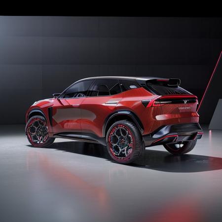 1 car ,small, simple, red, concept SUV,year 2030,(aesthetic background:1.2),rear 45 degree view,((ev)),cybertech,future, sporty,masterpiece,4k,high quality,highly detailed,ultra realistic