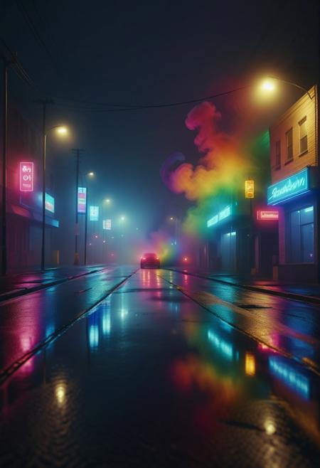 lonely street at night, neon reflections, raimbow smoke drifting, soft fog around lights, moody urban scene, cinematic lighting, wet pavement, subtle haze, atmospheric depth, futuristic vibe. sm0k3