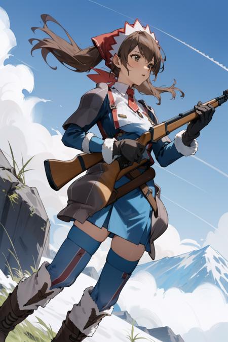 masterpiece, best quality, alicia melchiott, headdress, red necktie, military uniform, gloves, blue thighhighs, boots, holding bolt-action rifle with both hands, sky, alpine forest <lora:alicia-nvwls-v1-000009:0.9>