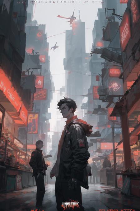 film poster, cyberpunk, city, flying vehicles, marketplace
protagonist, creepy young man, from side
tilte text, credit