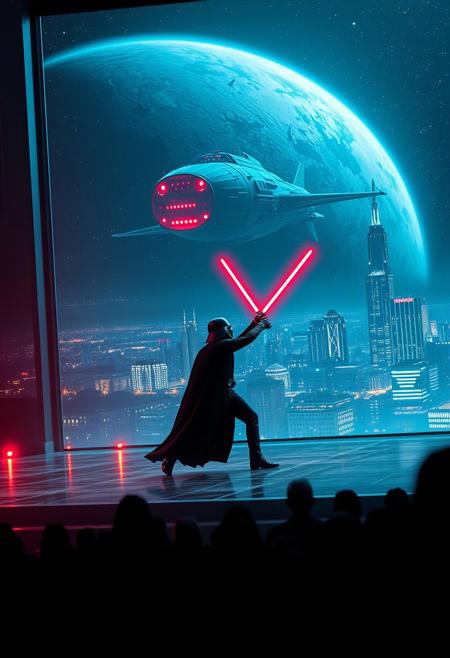 immaculately detailed realistic ultra quality image focused on Darth Vader (Star Wars) and Luke Skywalker engaged in a lightsaber duel on a futuristic stage micro-LED lighted, behind the dancer on the stage is an enormous seamless and futuristic wall to wall and floor to ceiling window that looks out at a the planet's surface covered with the lights of enormous buildings and cities, An enormous deco starship with futuristic lighting and an enormous space station are visible in the background among the stars, Artistic art deco, dynamic perspective, (((overall architectural aesthetic is Art Deco Cyberpunk))).  Epic image that elicits a feeling of romanticism, wonder, and awe, the silhouette of the audience can be seen in the foreground that show the enormous scale of the stage and seamless window behind it,